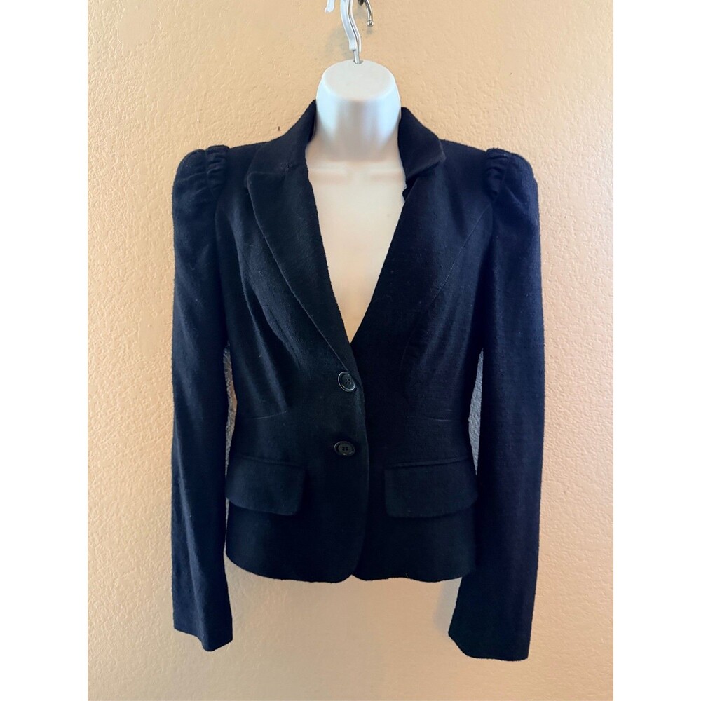Leon Max England Black Wool Blend Blazer Jacket Puff Sleeve Two Button Sz 2 VTG